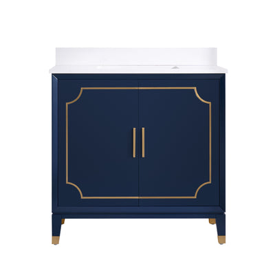 36 in. W x 22 in. D x 35 in. H Freestanding Bathroom Vanity in Navy Blue with Carrara White Quartz Vanity Top