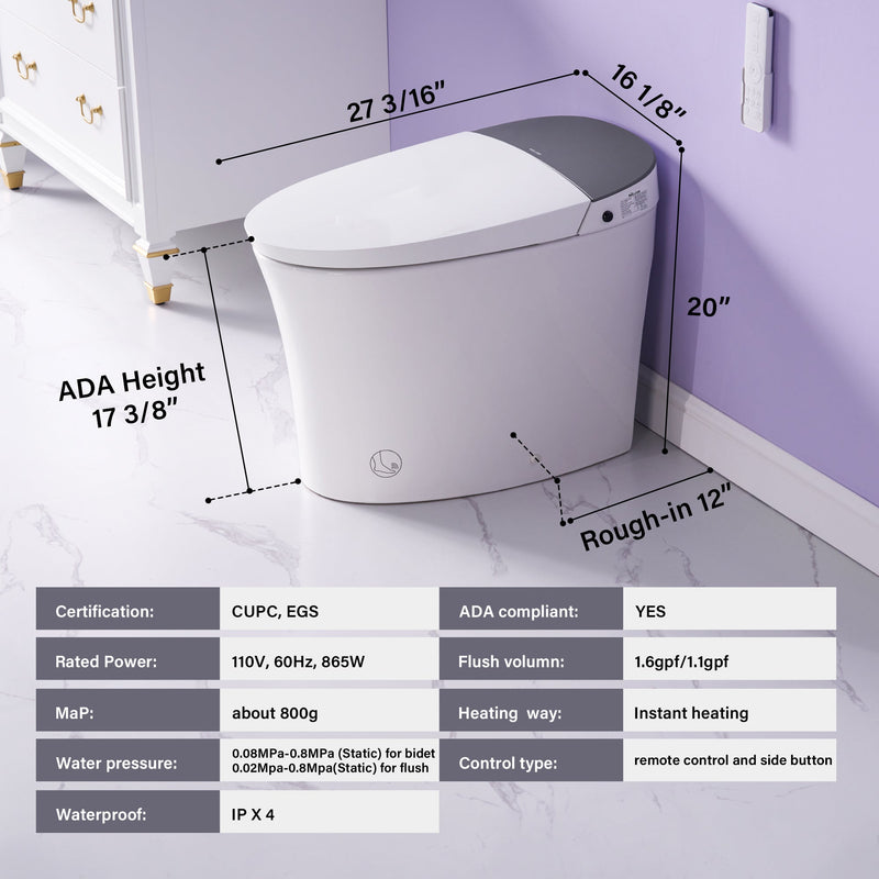 Elongated Smart Bidet Toilet in White with Built-in Tank, Foot Sensor Function, Auto Flush,LED Display