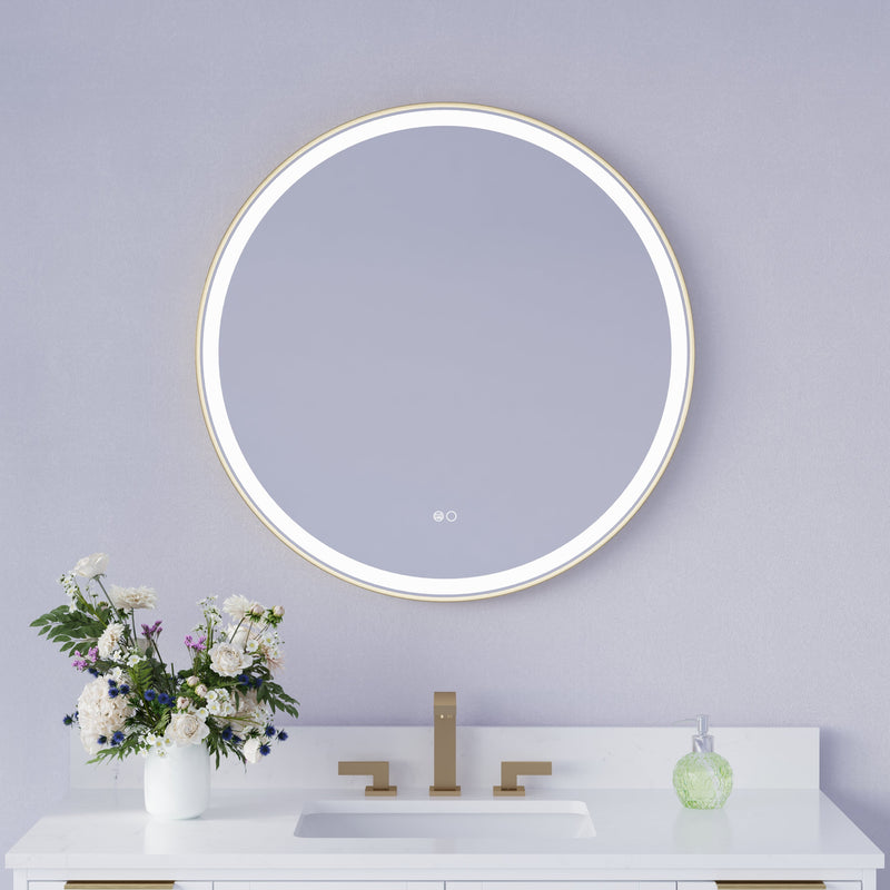 32 in.  W x 32 in.  H Brushed Gold Framed Round LED Light Bathroom Vanity Mirror