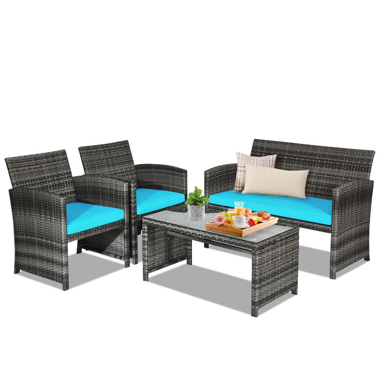 4 Pieces Patio Rattan Furniture Set with Glass Table and Loveseat