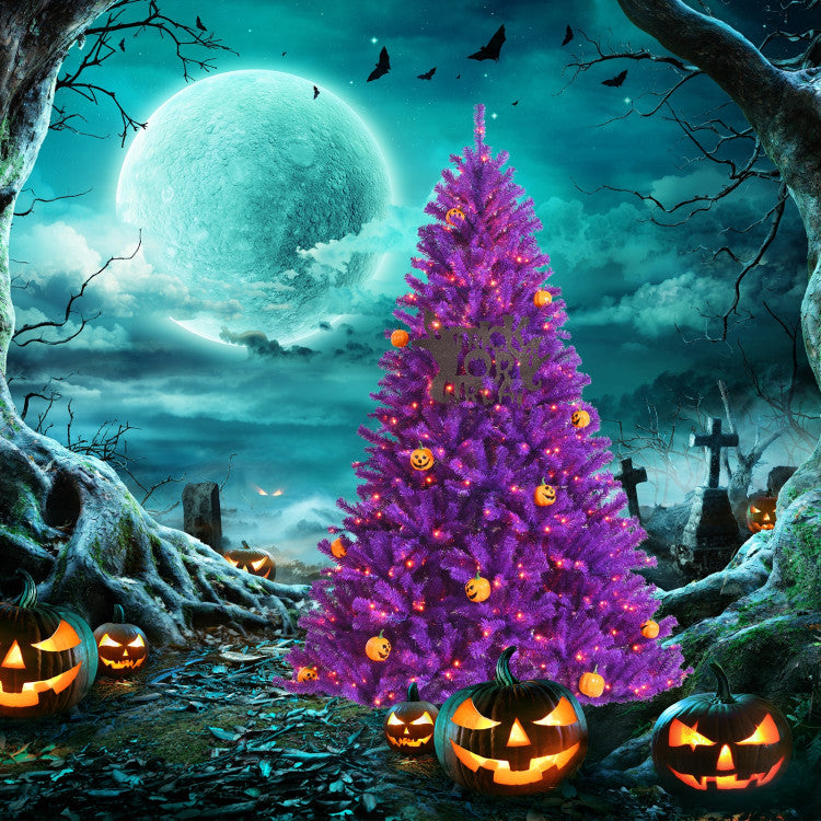 Artificial Prelit Purple Halloween Tree with Orange Lights and Pumpkin Ornaments