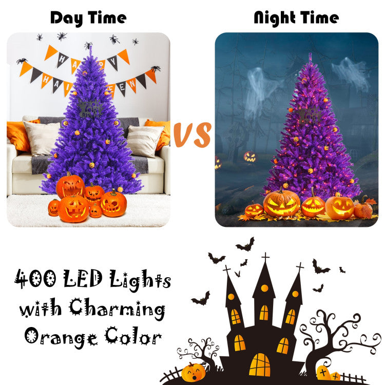 Artificial Prelit Purple Halloween Tree with Orange Lights and Pumpkin Ornaments