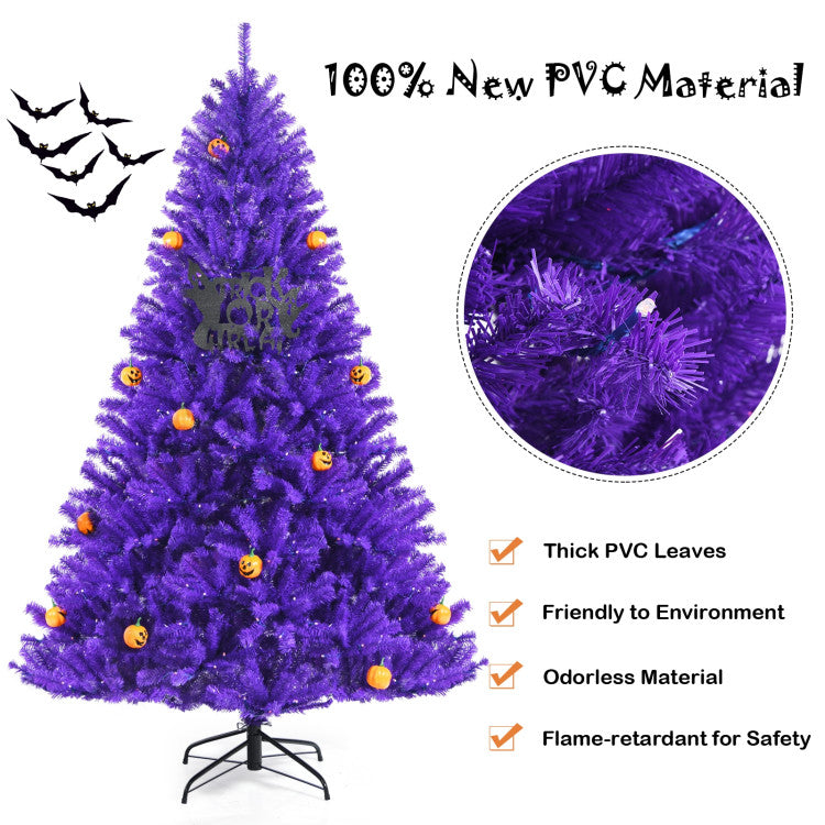 Artificial Prelit Purple Halloween Tree with Orange Lights and Pumpkin Ornaments