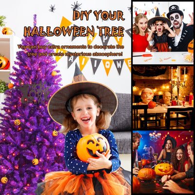 Artificial Prelit Purple Halloween Tree with Orange Lights and Pumpkin Ornaments