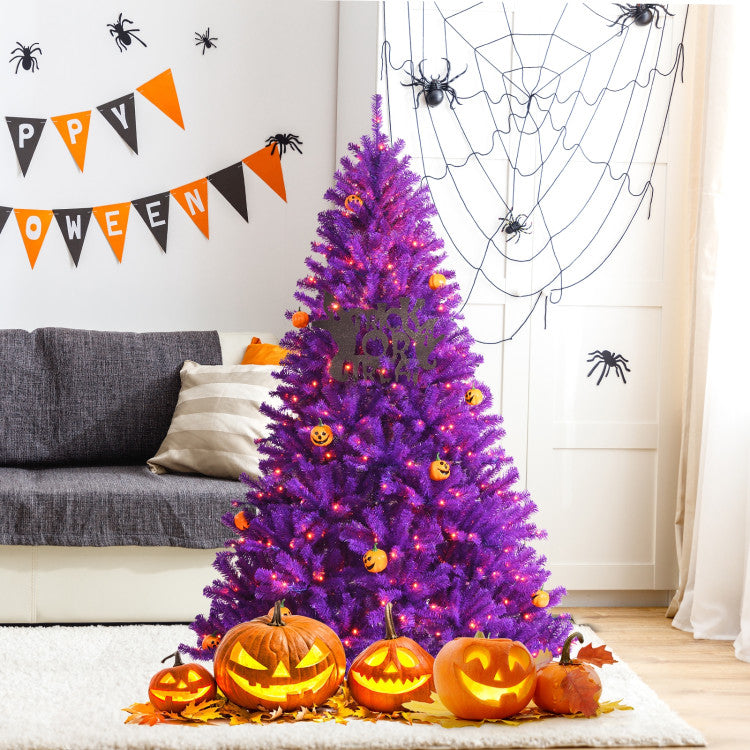 Artificial Prelit Purple Halloween Tree with Orange Lights and Pumpkin Ornaments