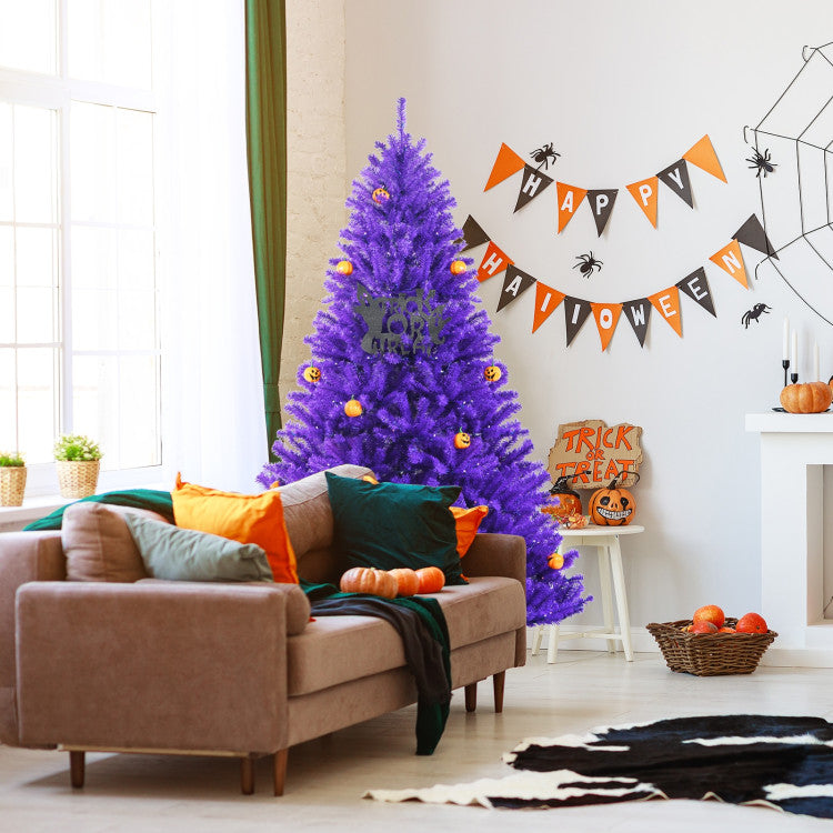 Artificial Prelit Purple Halloween Tree with Orange Lights and Pumpkin Ornaments