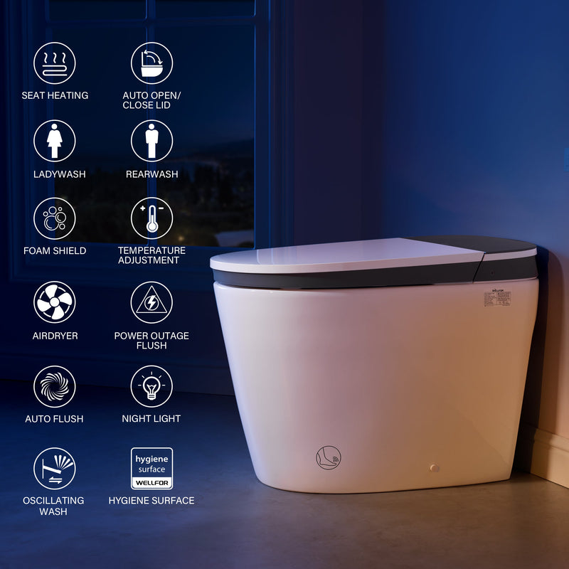 Elongated Smart Bidet Toilet in White with Built-in Tank, Foot Sensor Function, Auto Flush,LED Display