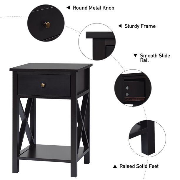 X-Shaped Bedside Storage Nightstand with Drawer and Bottom Shelf