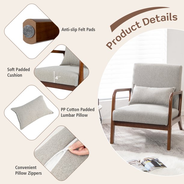 Modern Accent Chair Leisure Armchair with Rubber Wood Frame & Lumbar Pillow Beige