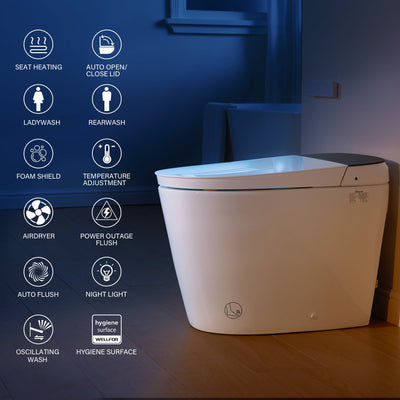 Elongated Smart Bidet Toilet in White with Built-in Tank, Foot Sensor Function, Auto Flush,LED Display