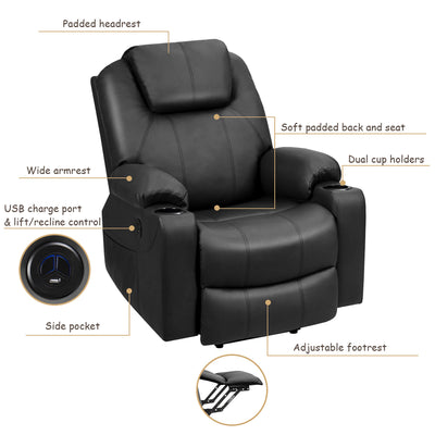 Electric Recliner Chair Massage Sofa Leather w/ USB Charge Port