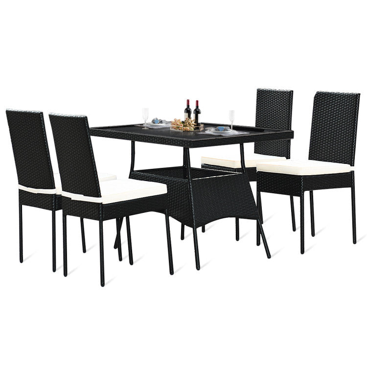 5 Pieces Rattan Dining Set with Glass Table and High Back Chair