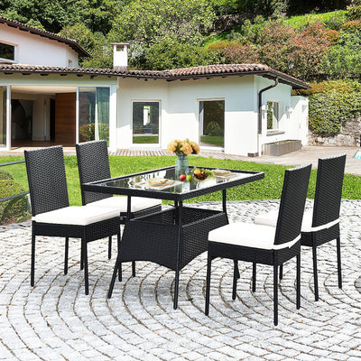 5 Pieces Rattan Dining Set with Glass Table and High Back Chair