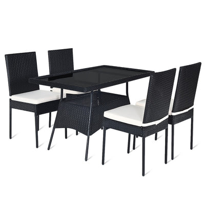 5 Pieces Rattan Dining Set with Glass Table and High Back Chair