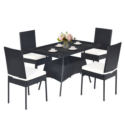 5 Pieces Rattan Dining Set with Glass Table and High Back Chair