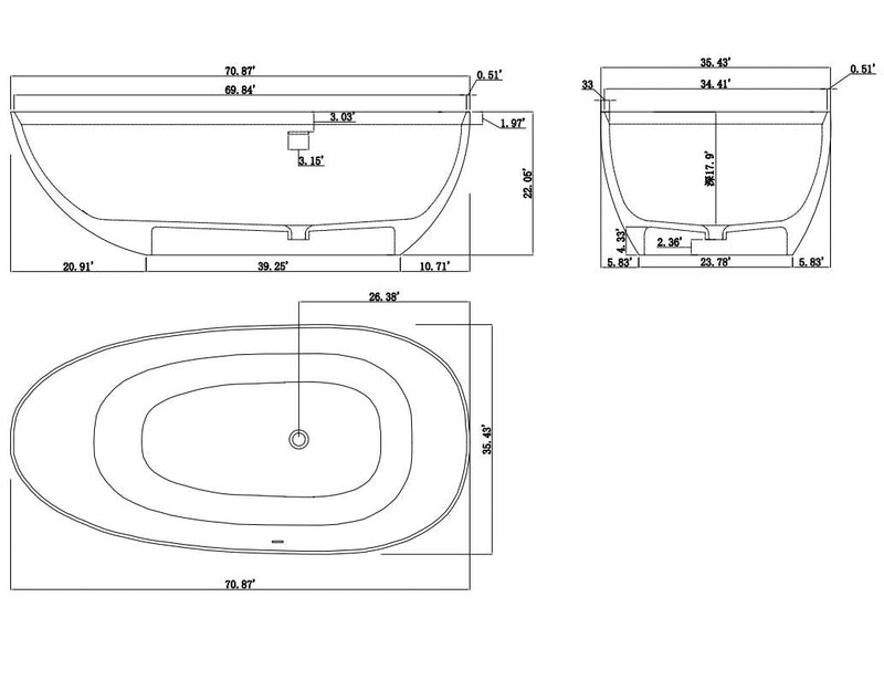 59inch/67inch/71inch Stone Resin Solid Surface Matte Flatbottom Freestanding Bathtub in White