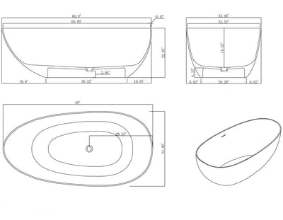 59inch/67inch/71inch Stone Resin Solid Surface Matte Flatbottom Freestanding Bathtub in White