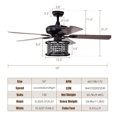 52 Inch 3-Speed Crystal Ceiling Fan Light with Remote Control