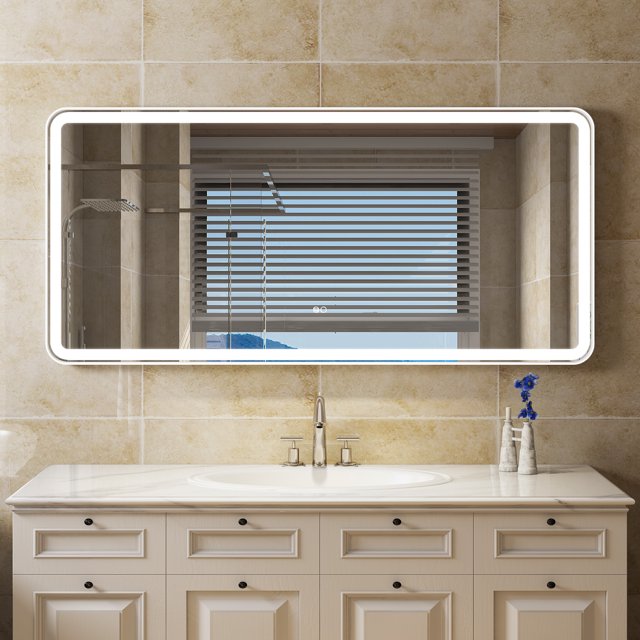 60 x 28 inch LED Bathroom Mirror, Wall Mounted Bathroom Vanity Framed Mirror with Dimmer, IP54 Enhanced Anti-Fog