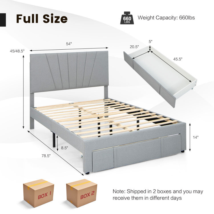 Full/Queen Size Upholstered Bed Frame with Drawer and Adjustable Headboard