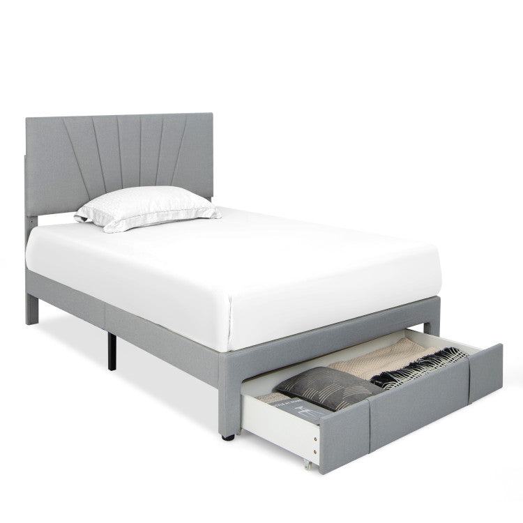 Full/Queen Size Upholstered Bed Frame with Drawer and Adjustable Headboard