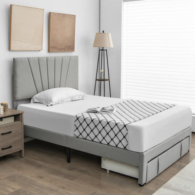 Full/Queen Size Upholstered Bed Frame with Drawer and Adjustable Headboard