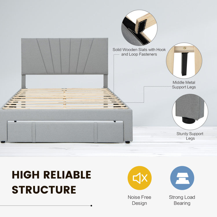 Full/Queen Size Upholstered Bed Frame with Drawer and Adjustable Headboard