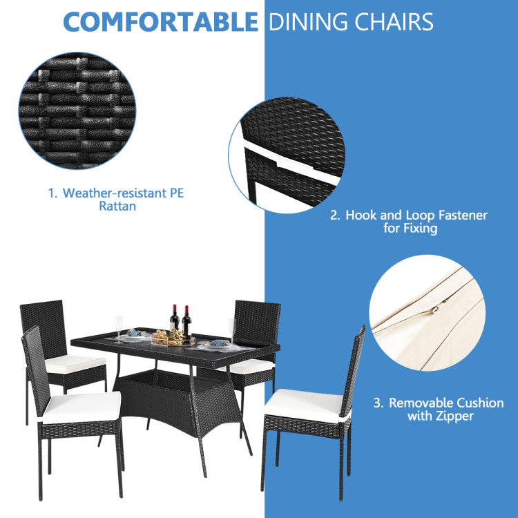 5 Pieces Rattan Dining Set with Glass Table and High Back Chair