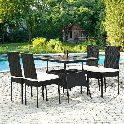 5 Pieces Rattan Dining Set with Glass Table and High Back Chair