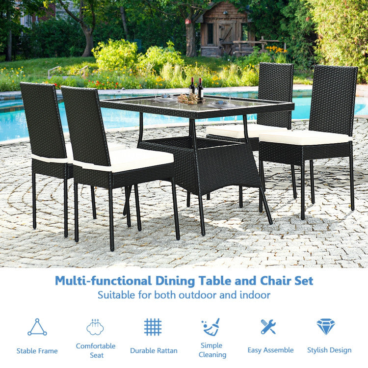 5 Pieces Rattan Dining Set with Glass Table and High Back Chair