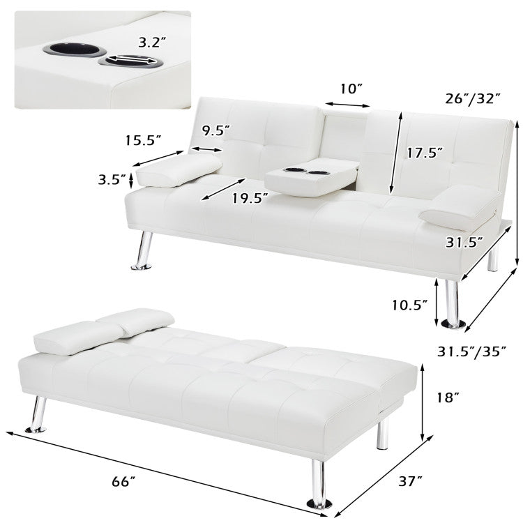 Convertible Folding Leather Futon Sofa with Cup Holders and Armrests--White