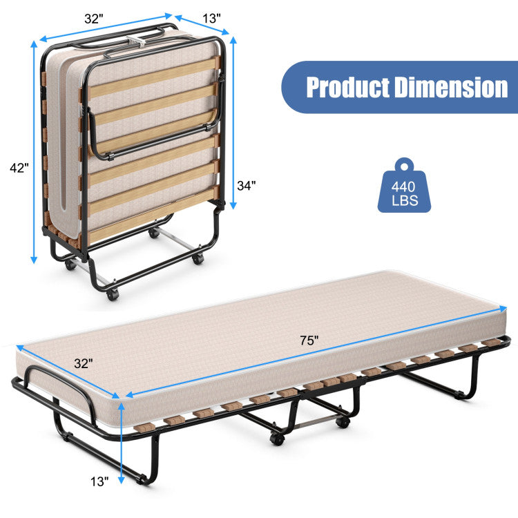 Made in Italy Portable Folding Bed with Memory Foam Mattress and Sturdy Metal Frame