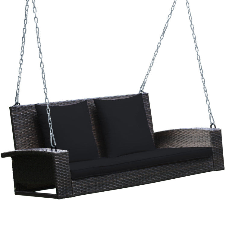 2-Person Wicker Hanging Porch Swing with 2 Back Cushions and 1 Seat Cushion