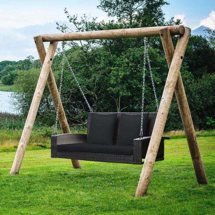 2-Person Wicker Hanging Porch Swing with 2 Back Cushions and 1 Seat Cushion