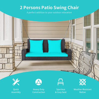 2-Person Wicker Hanging Porch Swing with 2 Back Cushions and 1 Seat Cushion