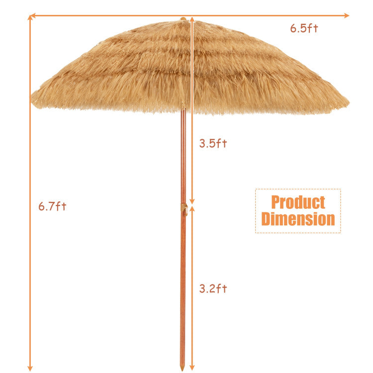 6.5 Feet Portable Thatched Tiki Beach Umbrella with Adjustable Tilt for Poolside and Backyard