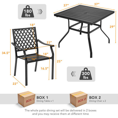 3 Pieces Patio Dining Set Stackable Chairs Armrest Table with Umbrella Hole