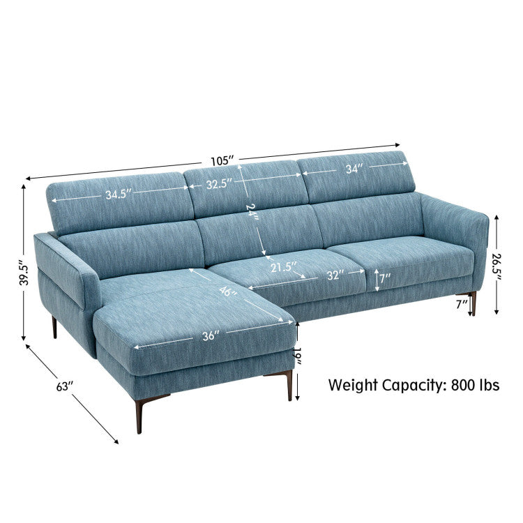 105 Inch L-Shaped Sofa Couch with 3 Adjustable Headrests