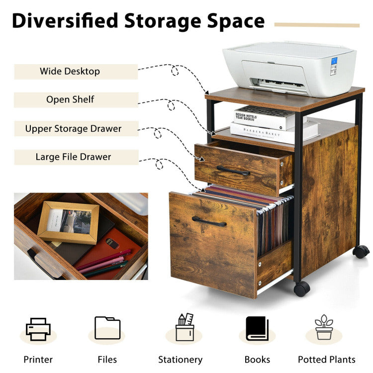 2 Drawer Mobile File Cabinet Printer Stand with Open Shelf for Letter Size