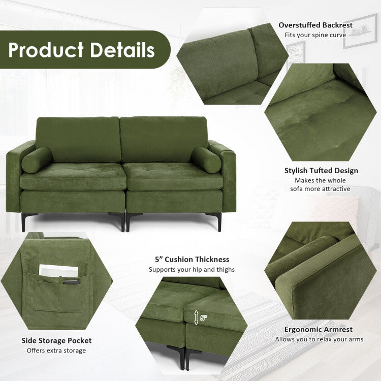 Modern Loveseat Sofa with 2 Bolsters and Side Storage Pocket