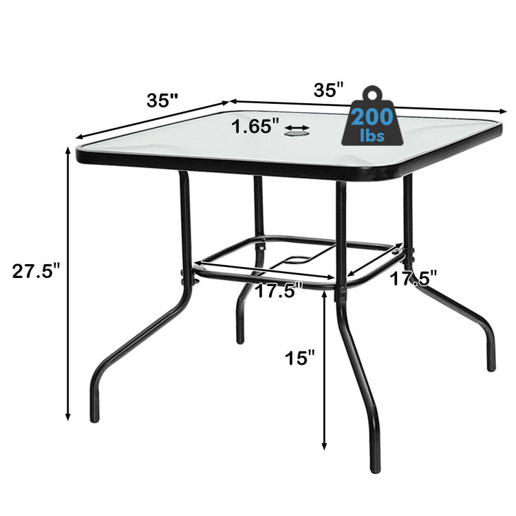 35 Inch Patio Dining Square Tempered Glass Table with Umbrella Hole