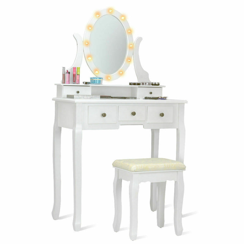 5-Drawer Dressing Table Set with Padded Stool and 12-LED Bulbs Mirror