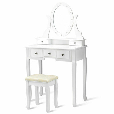 5-Drawer Dressing Table Set with Padded Stool and 12-LED Bulbs Mirror