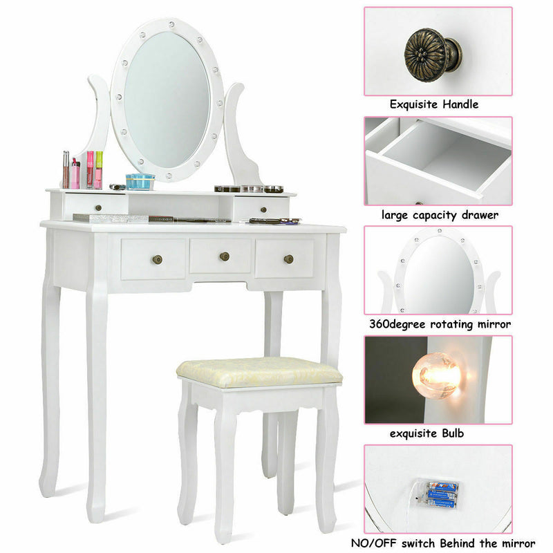 5-Drawer Dressing Table Set with Padded Stool and 12-LED Bulbs Mirror