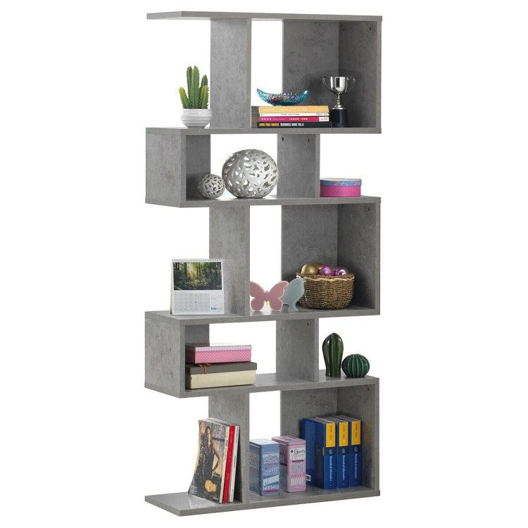 5-Tier Wood Geometric Bookshelf with S Shaped Design