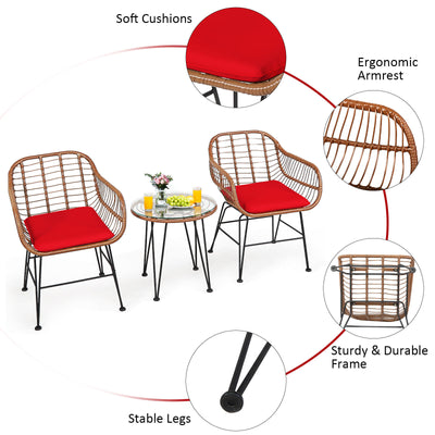 3 Pcs Patio Rattan Bistro Set with Cushion