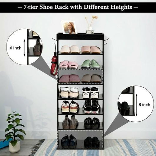 7-Tier Vertical Design Wooden Shoe Storage Shelf with Hooks