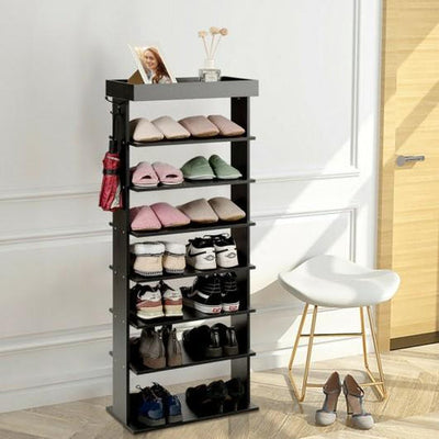 7-Tier Vertical Design Wooden Shoe Storage Shelf with Hooks