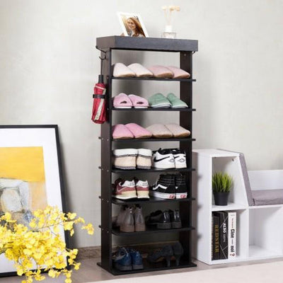 7-Tier Vertical Design Wooden Shoe Storage Shelf with Hooks