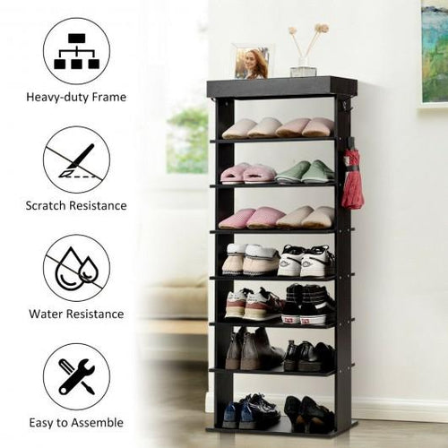 7-Tier Vertical Design Wooden Shoe Storage Shelf with Hooks